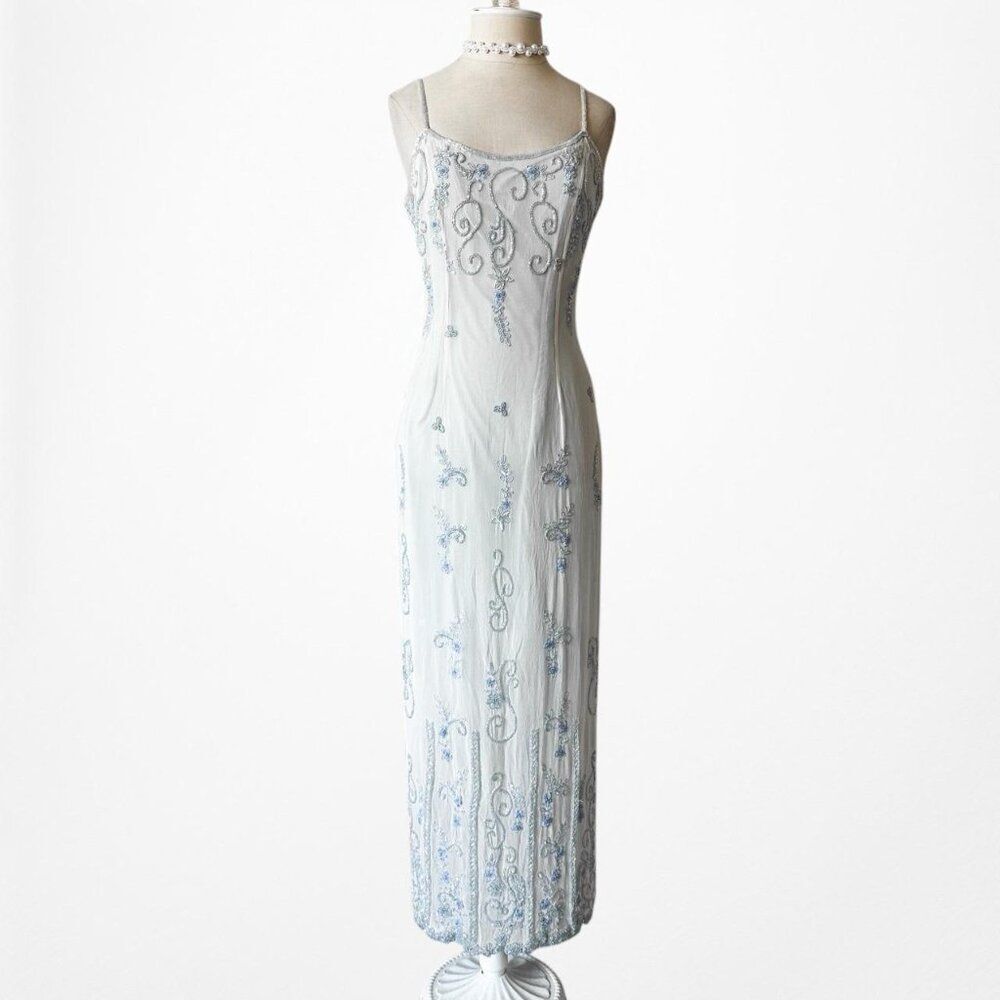 Vintage Y2K Silk Baby Blue Cream Bodycon Floral Beaded Maxi Prom Dress Size S - Picture 5 of 9